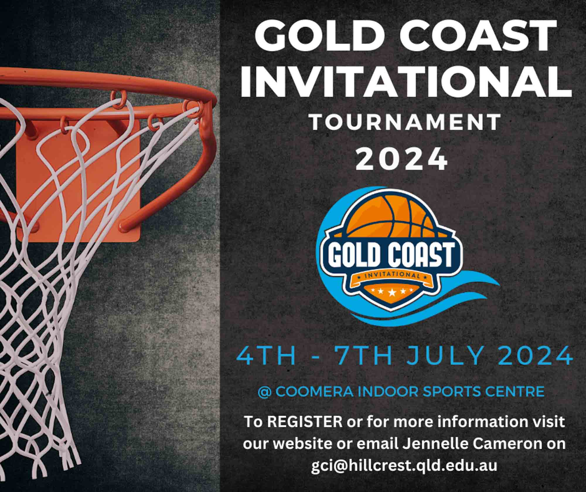 a basketball poster with net promotion gold coast invitational 2024